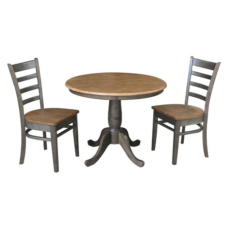 International Concepts Round 36 in Rd Top Pedestal Table, 2 Emily Chairs, Hickory/Washed Coal, 36 W, 36 L, 29.1 in H, Wood K45-36RT-C617P